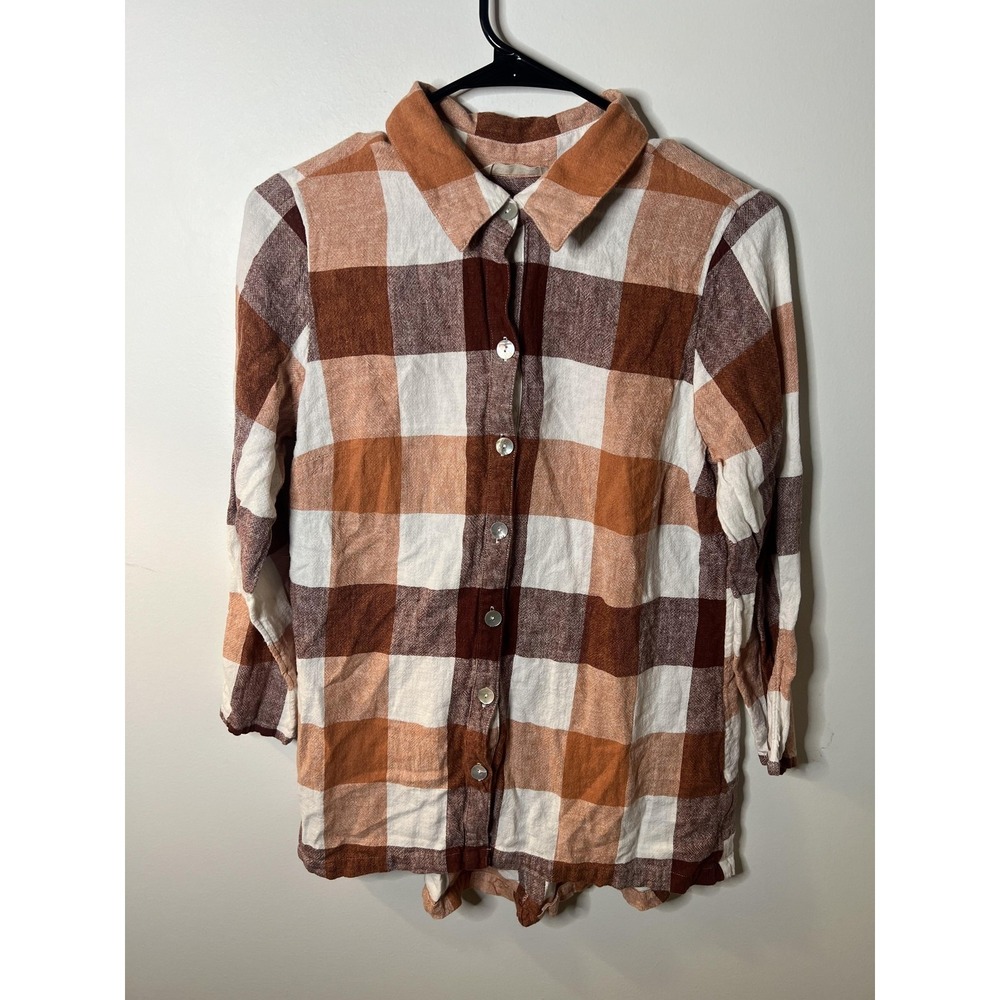 Soft Surroundings Shirt Wm Med Brown Plaid Linen Blend Zip Fall Autumn